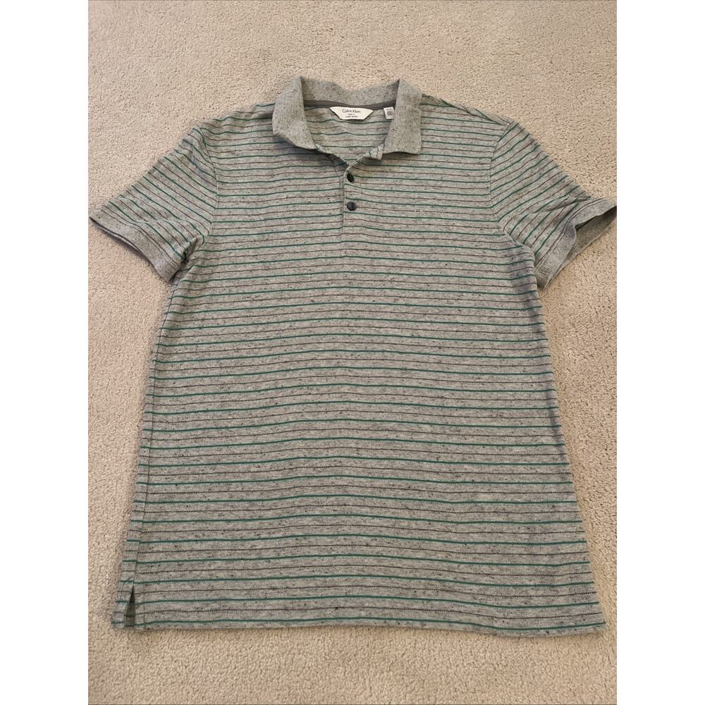 Calvin Klein Body Fit Men's Sz M Gray w/ Green & Blue Stripes Cotton Polo Shirt